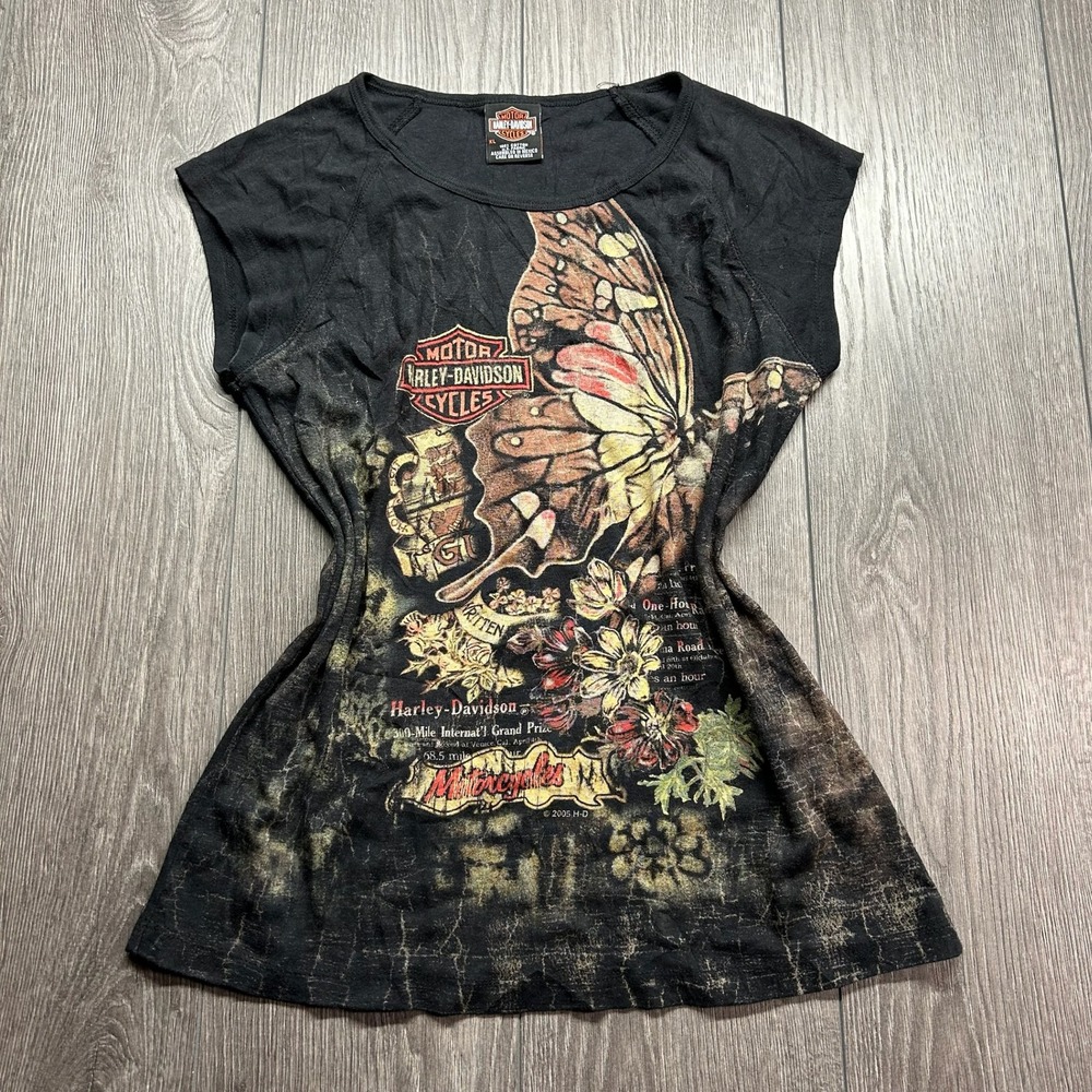 Vintage Harley Davidson Butterfly Graphic T-Shirt Y2K Black Acid Wash XL